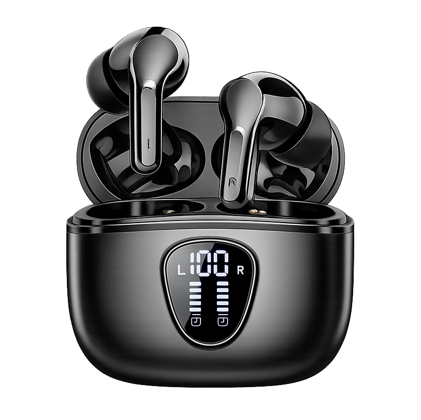 Wireless SoundBuds Pro earphones from Minha loja with sleek design and in-ear fit, shown in black with charging case.