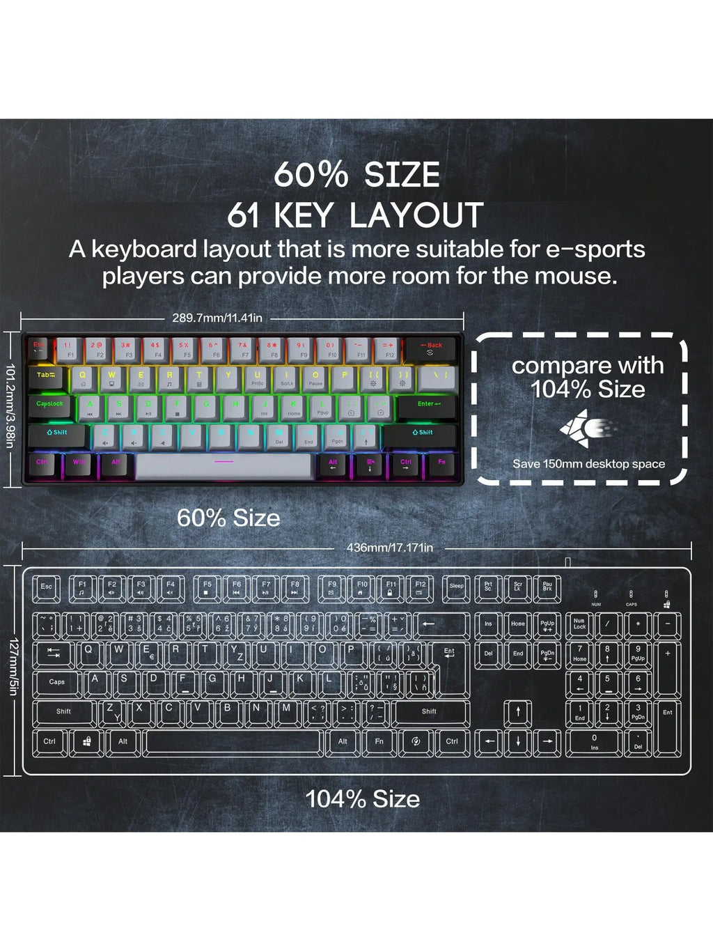 RGB mechanical gaming keyboard with 60% layout featuring colorful backlit keys and compact design from Minha loja.