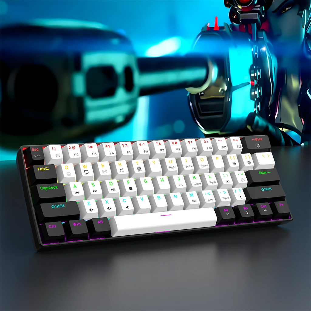 RGB mechanical gaming keyboard with 60% layout and custom key switches, featuring vibrant backlit keys.