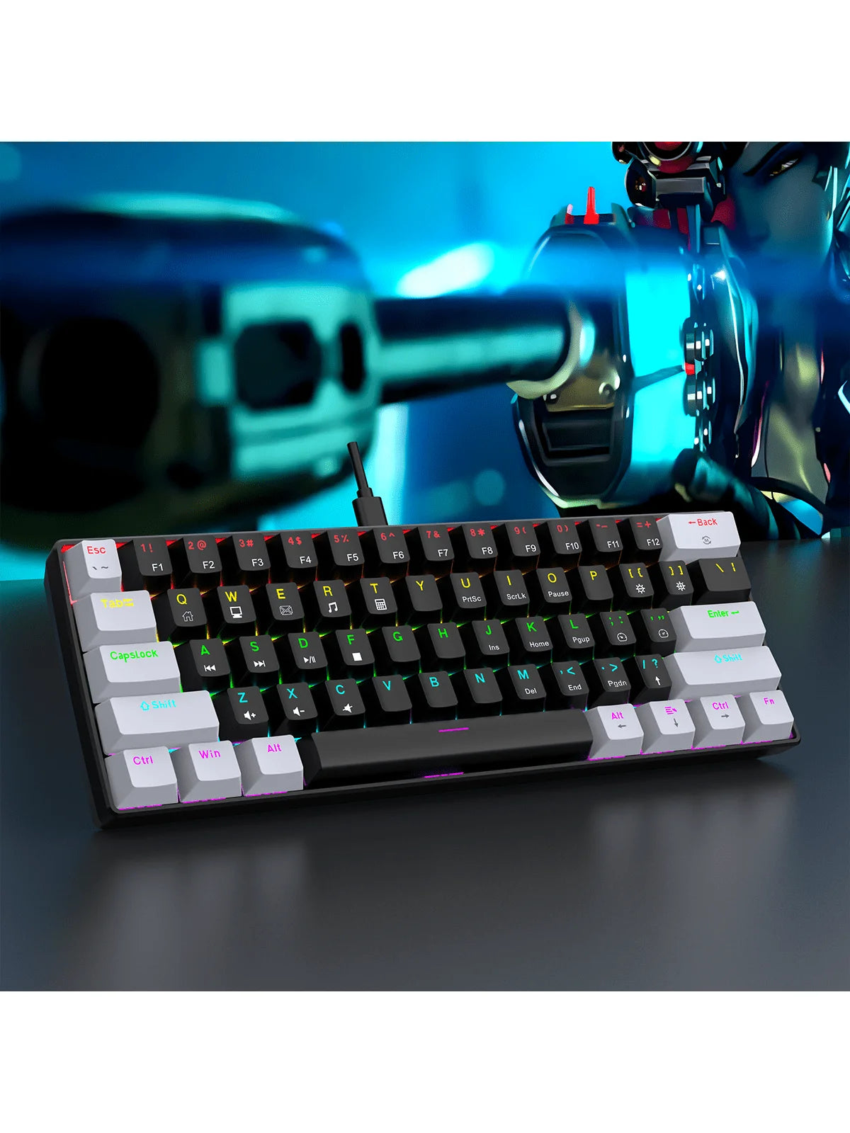 RGB mechanical gaming keyboard with 60% layout featuring colorful backlit keys, compact design, ideal for gaming setups.