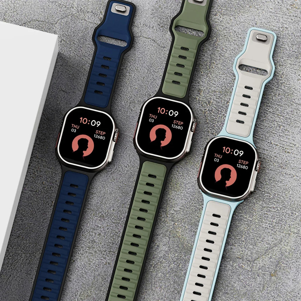 Apple Watch silicone sport band in vibrant colors, designed for comfort and durability, fits Apple Watch models.