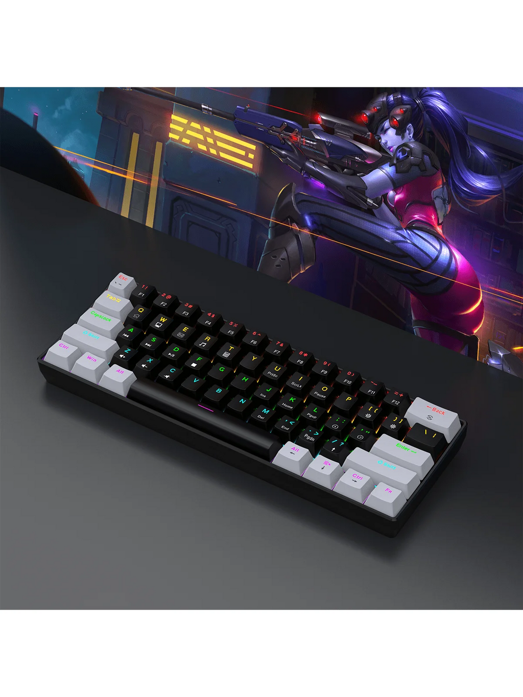 RGB mechanical gaming keyboard with 60% compact layout, featuring colorful backlit keys for gaming and typing.