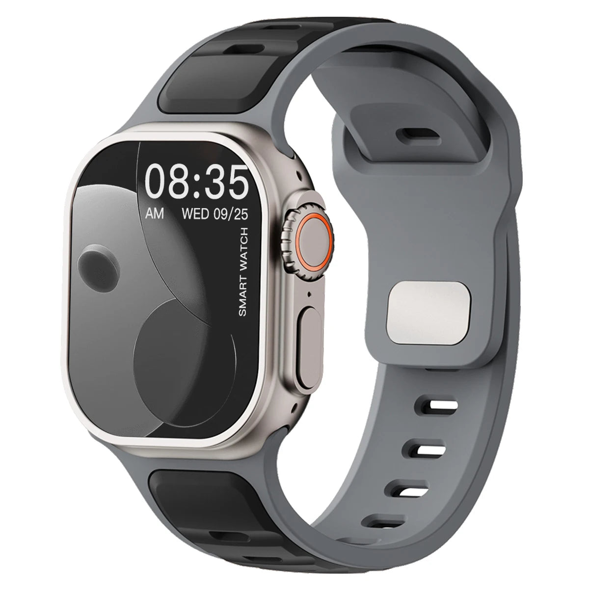 Silicone sport band for Apple Watch showing a flexible, colorful strap with a secure buckle, designed for active wear.