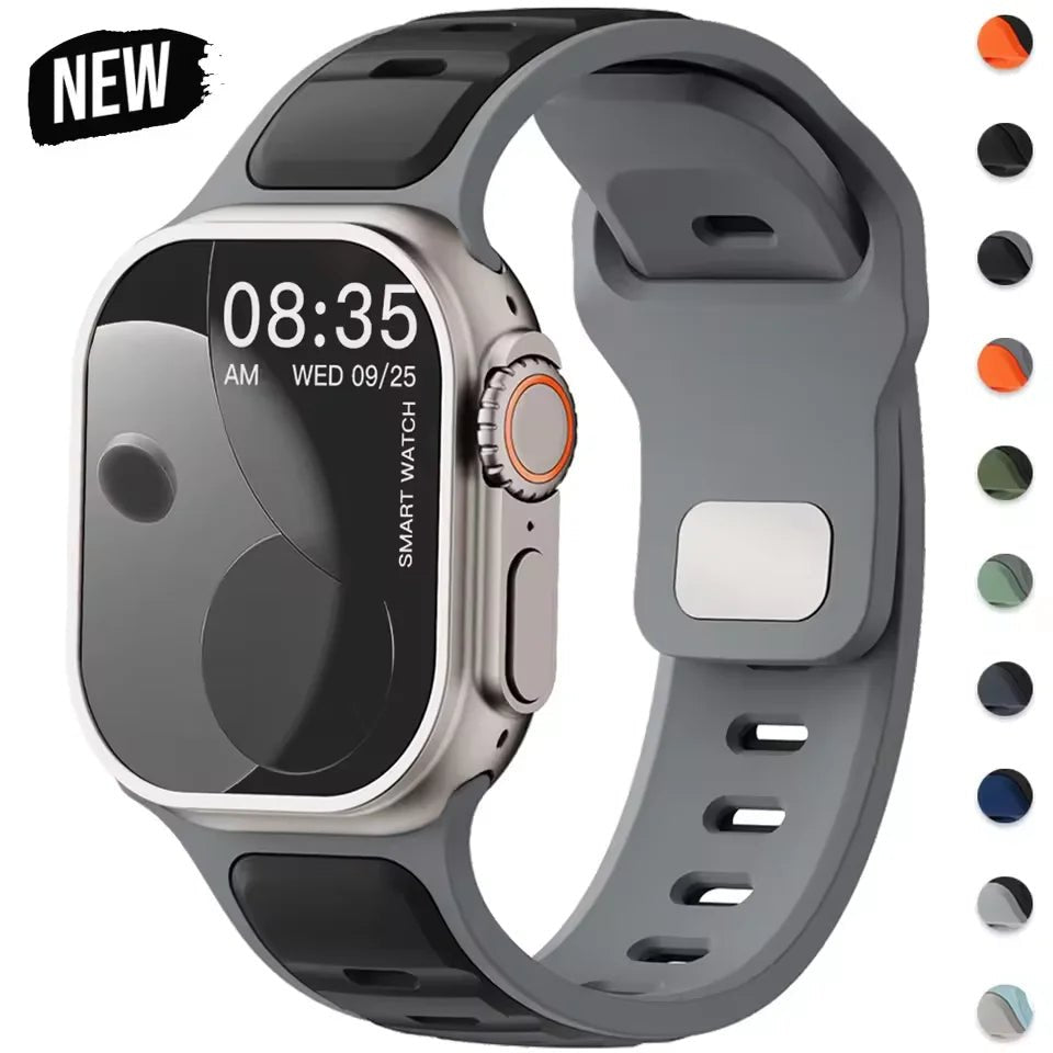 Apple Watch silicone sport band in vibrant colors, designed for comfortable fitness and daily wear.