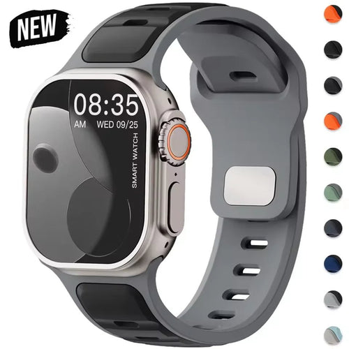 Apple Watch silicone sport band in vibrant colors, designed for comfortable fitness and daily wear.