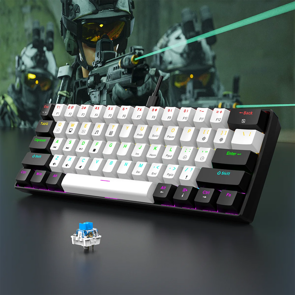 RGB mechanical gaming keyboard with 60% layout from Minha loja, featuring colorful backlit keys and compact design.