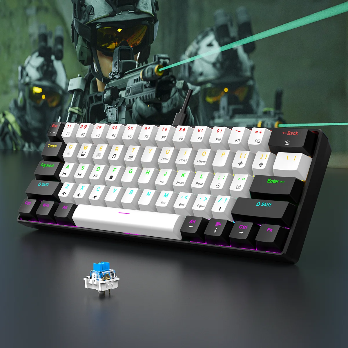 RGB mechanical gaming keyboard with 60% layout from Minha loja, featuring colorful backlit keys and compact design.